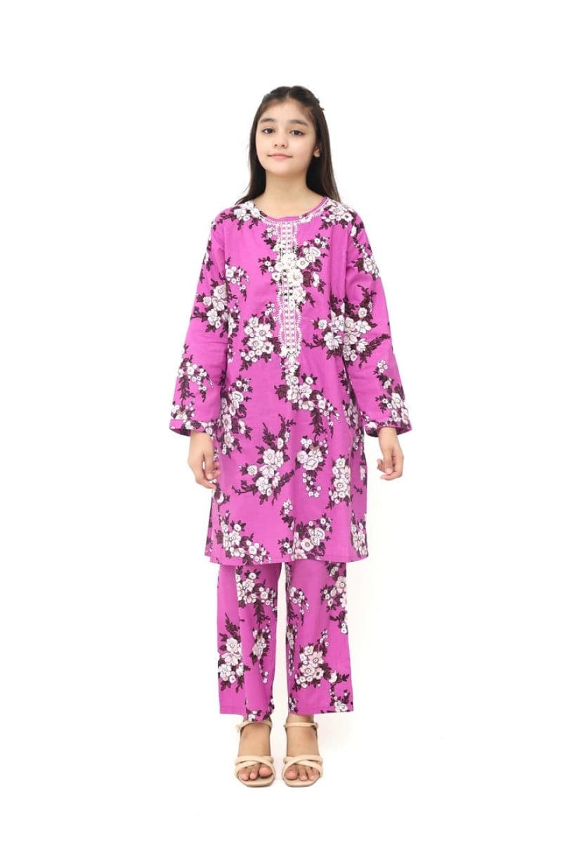 Plum 100% Cotton Lawn Purple Colour Printed White Burgundy Flowers Embroidered White threads On Stitched 2 pc suit for Girls. thumbnail