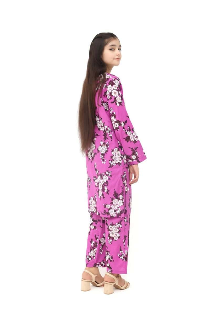 Plum 100% Cotton Lawn Purple Colour Printed White Burgundy Flowers Embroidered White threads On Stitched 2 pc suit for Girls. - alternate view