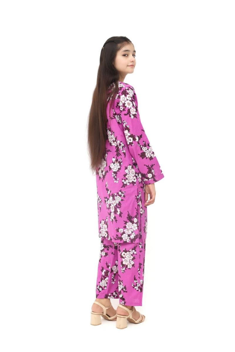 Plum 100% Cotton Lawn Purple Colour Printed White Burgundy Flowers Embroidered White threads On Stitched 2 pc suit for Girls. thumbnail