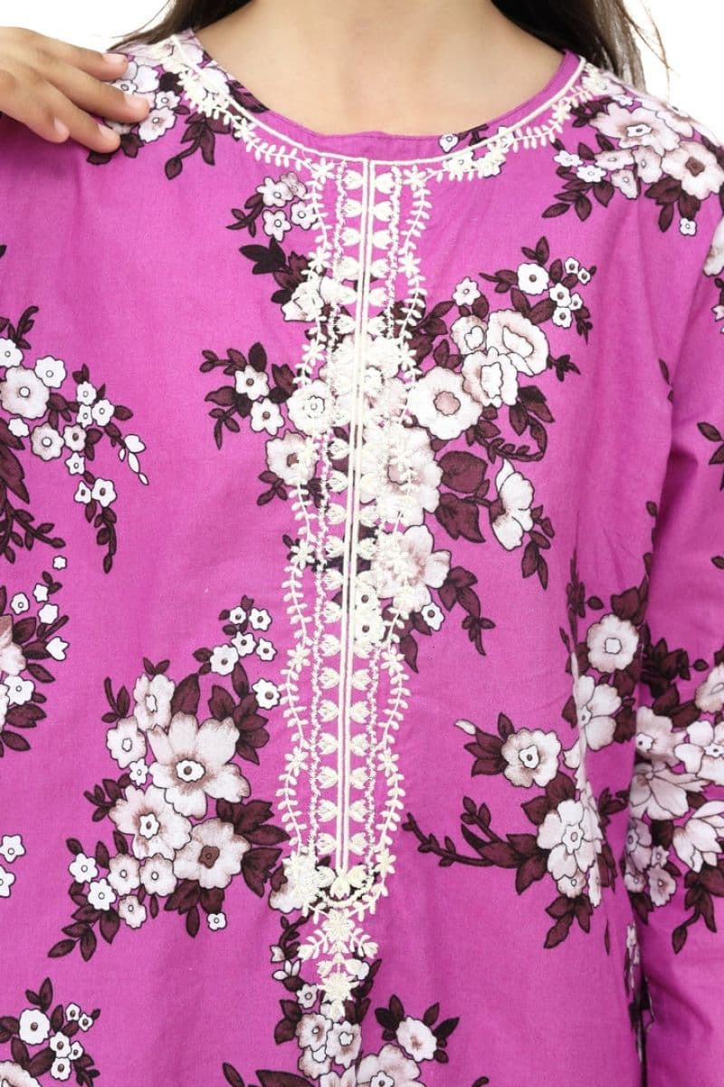 Plum 100% Cotton Lawn Purple Colour Printed White Burgundy Flowers Embroidered White threads On Stitched 2 pc suit for Girls. thumbnail