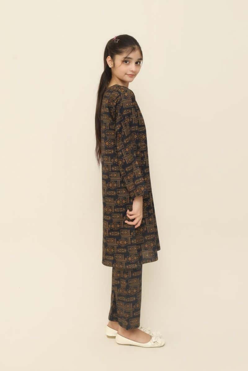 Plum Premium Khaddar Black Colour Printed Golden Patterns On 2 pc Stitched suit For Girls - alternate view
