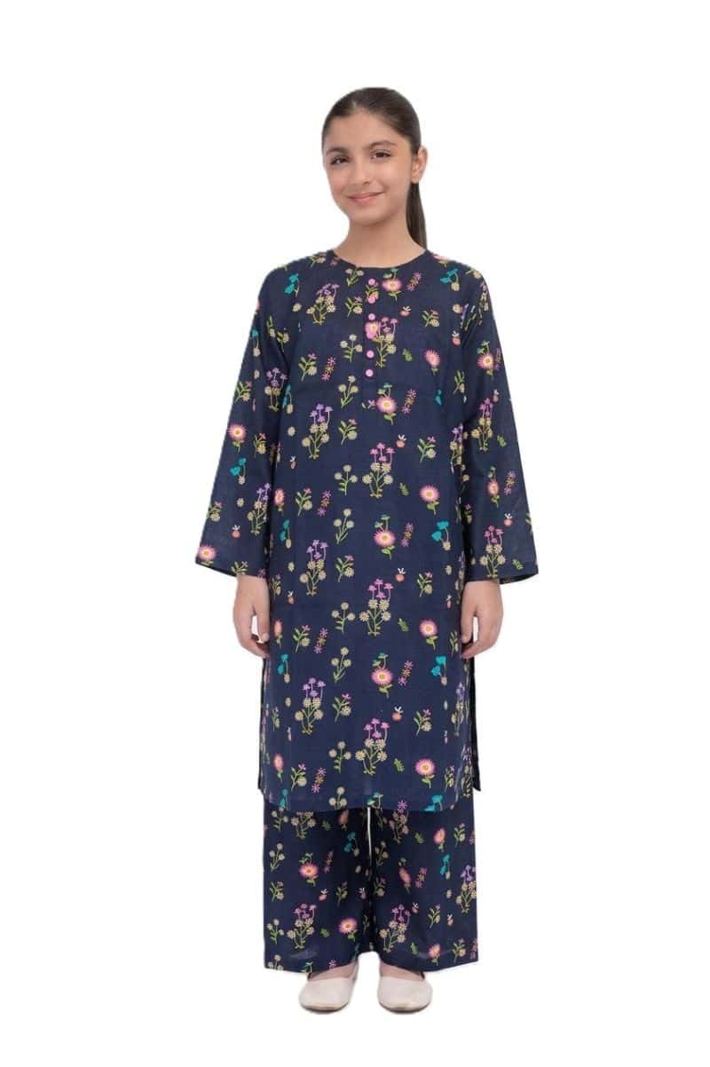 Plum Khaddar Dark Blue colour printed Pink Purple White Flowers with Pink buttons on 2pc stitched suit for Girls.