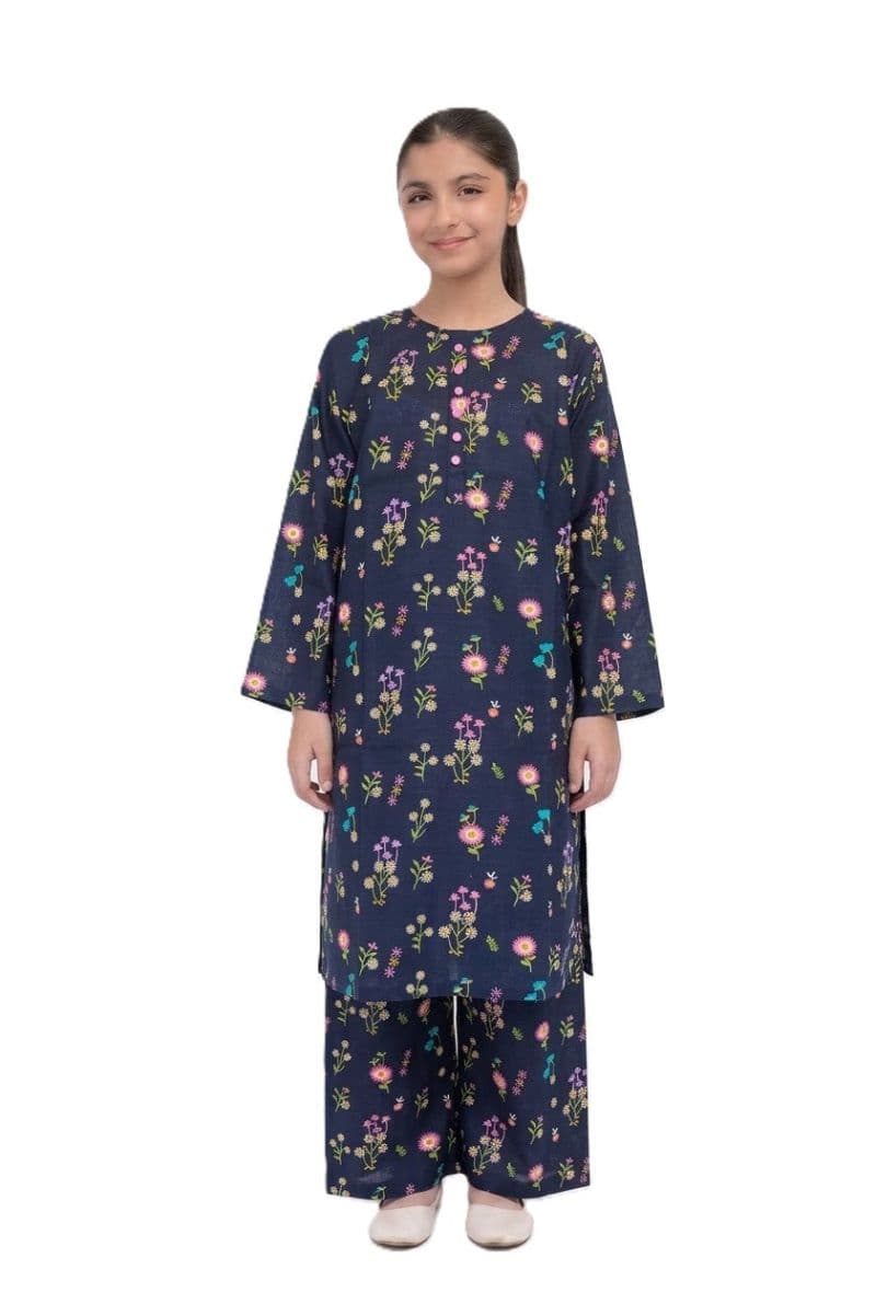Plum Khaddar Dark Blue colour printed Pink Purple White Flowers with Pink buttons on 2pc stitched suit for Girls. thumbnail