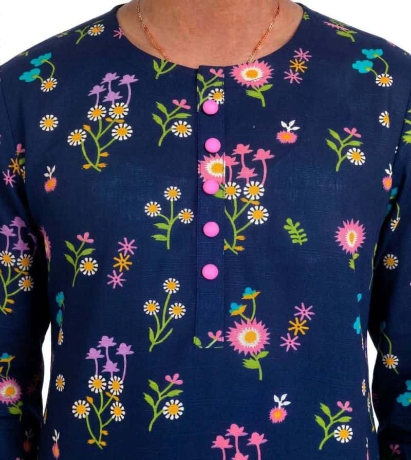Plum Khaddar Dark Blue colour printed Pink Purple White Flowers with Pink buttons on 2pc stitched suit for Girls. - alternate view