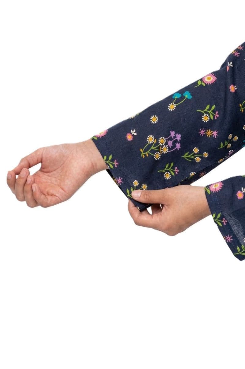 Plum Khaddar Dark Blue colour printed Pink Purple White Flowers with Pink buttons on 2pc stitched suit for Girls. thumbnail