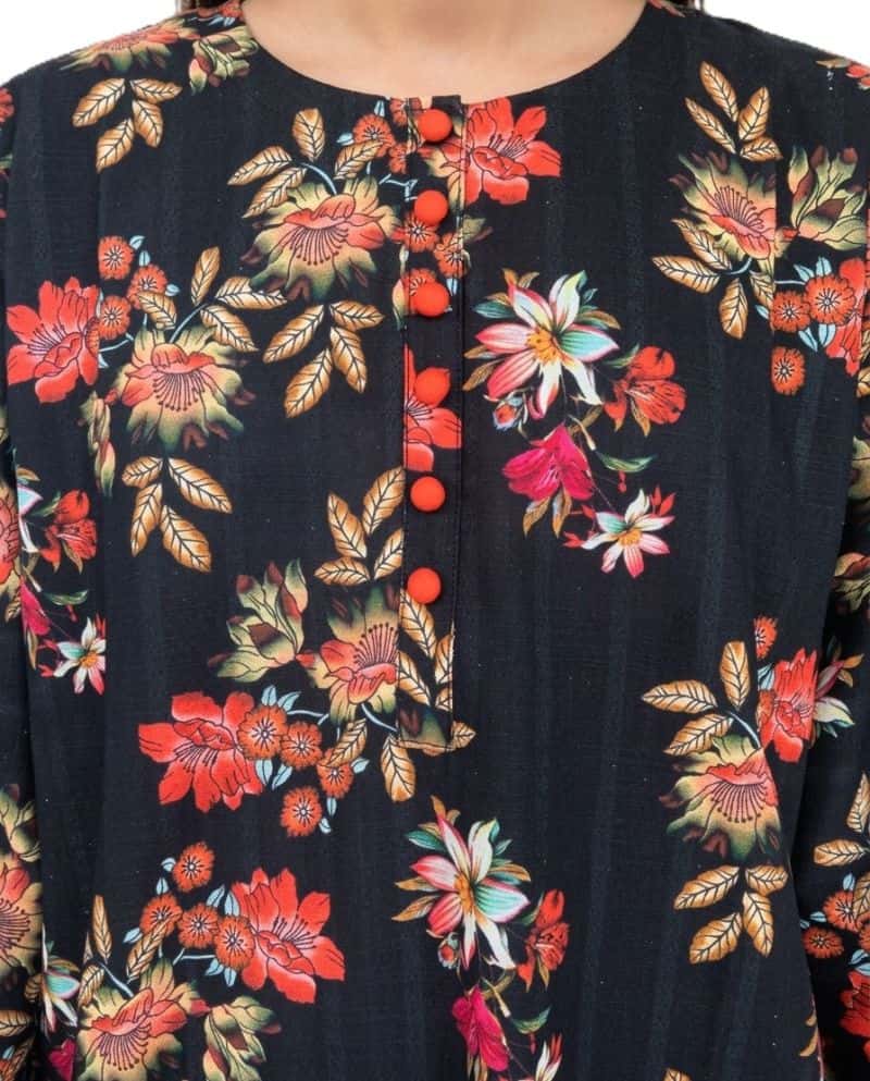 Plum Khaddar Black Colour printed Orange Yellow White Flowers with Orange buttons on 2pc stitched suit for Girls. - alternate view