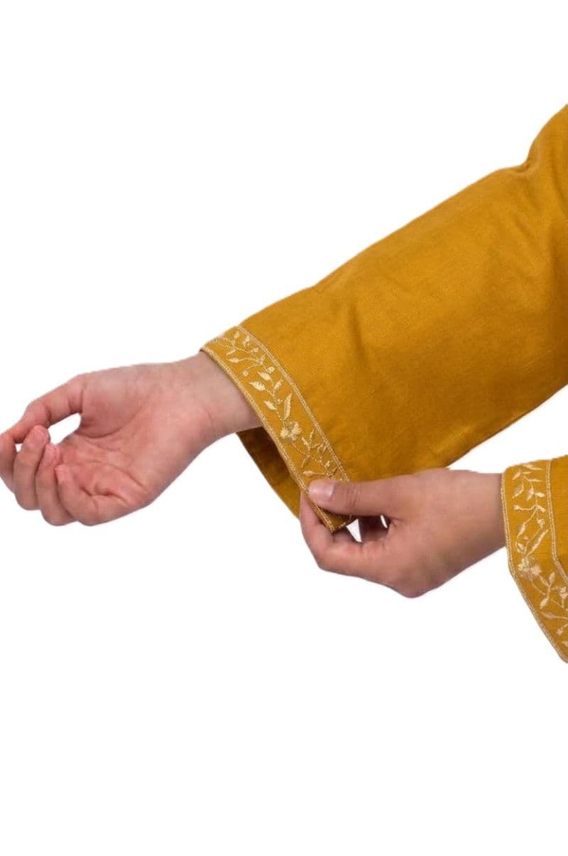 Plum Khaddar Mustard Colour embroidered with Light Mustard threads on 2pc stitched suit for Girls. thumbnail