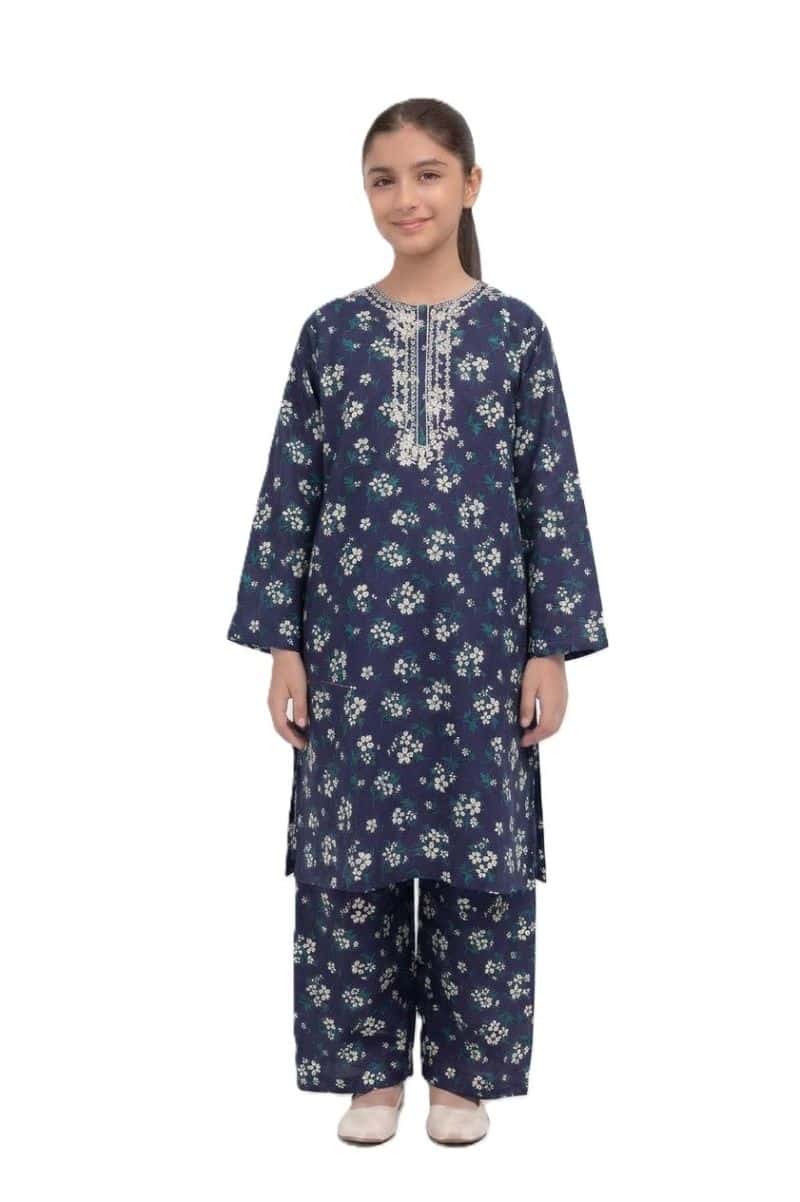 Plum Khaddar Blue Colour printed White Green Flowers embroidered with White threads on 2pc stitched suit for Girls
