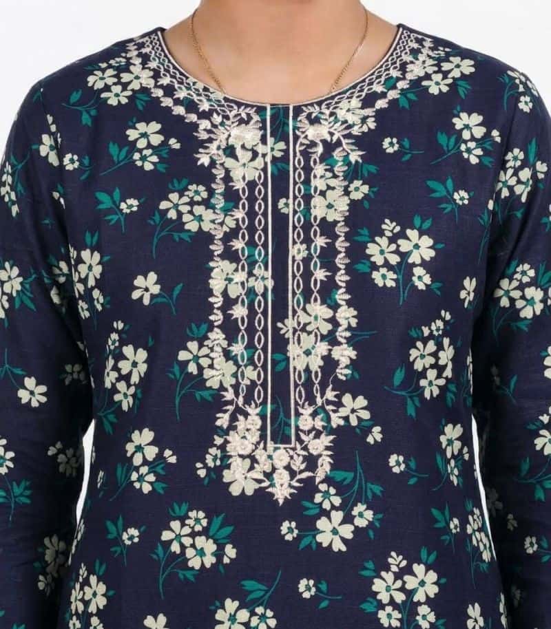 Plum Khaddar Blue Colour printed White Green Flowers embroidered with White threads on 2pc stitched suit for Girls - alternate view