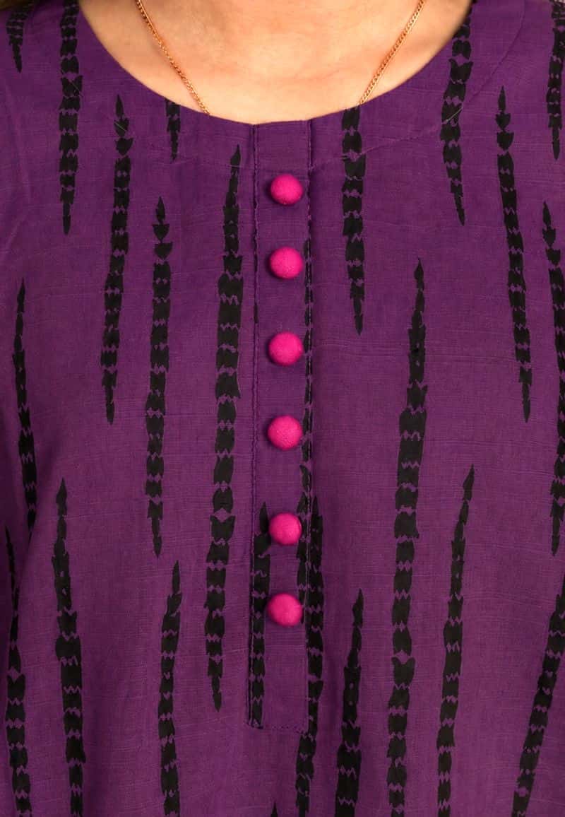 Plum Khaddar Dark Purple colour printed Black Patterns with Purple buttons on 2pc stitched suit for Girls. - alternate view