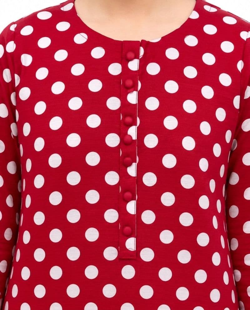 Plum Khaddar Pink colour printed White Dots with Pink buttons on 2pc stitched suit for Girls. thumbnail