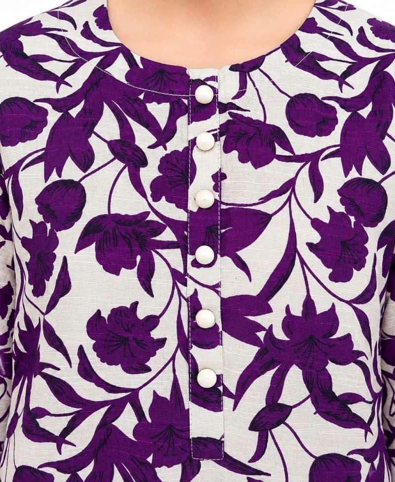 Plum Khaddar Off White colour printed Purple Flowers with Off White buttons on 2pc stitched suit for Girls - alternate view