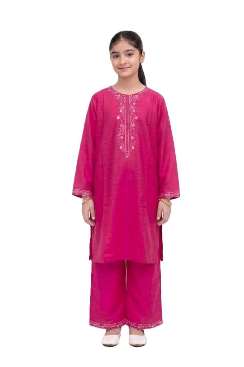 Plum Khaddar Pink Colour embroidered with Light Pink threads on 2pc stitched suit for Girls.