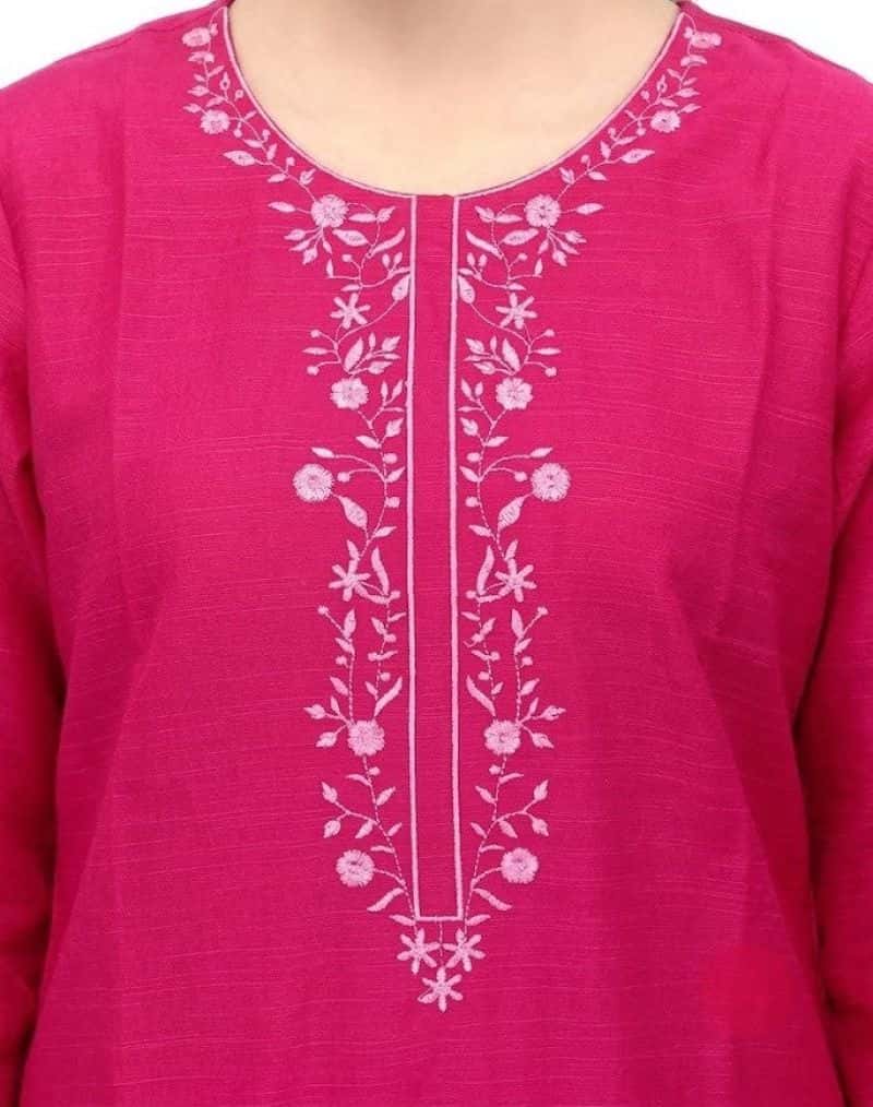 Plum Khaddar Pink Colour embroidered with Light Pink threads on 2pc stitched suit for Girls. - alternate view