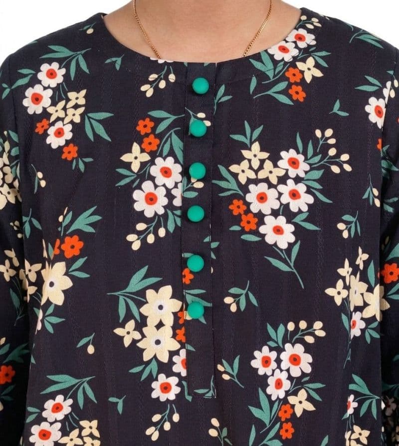 Plum Khaddar Black colour printed Green Red White Flowers with Green buttons 2pc stitched suit for Girls thumbnail