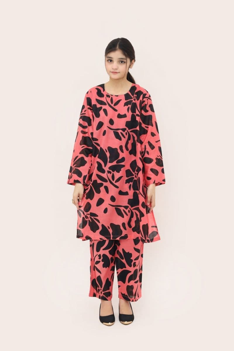 Plum Digital Lawn Peach Colour Printed Black Flowers On 2 pc stitched suit For Girls. thumbnail