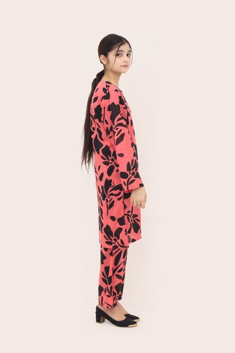 Plum Digital Lawn Peach Colour Printed Black Flowers On 2 pc stitched suit For Girls. thumbnail