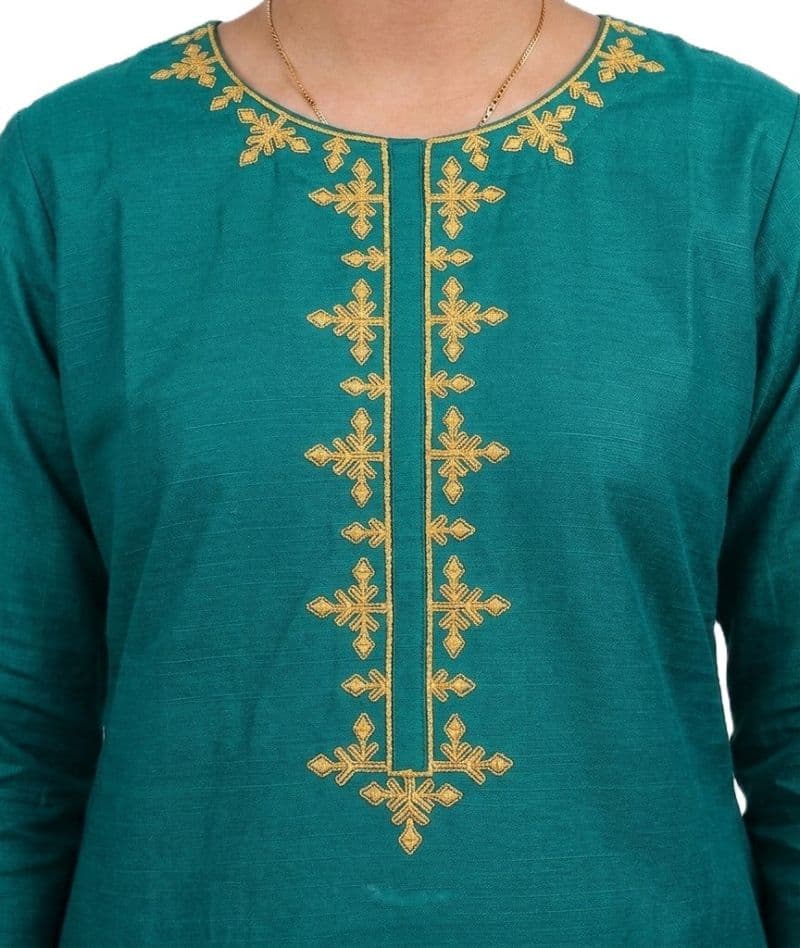 Plum Khaddar Teal colour embroidered with Yellow threads on 2pc stitched suit for Girls. thumbnail