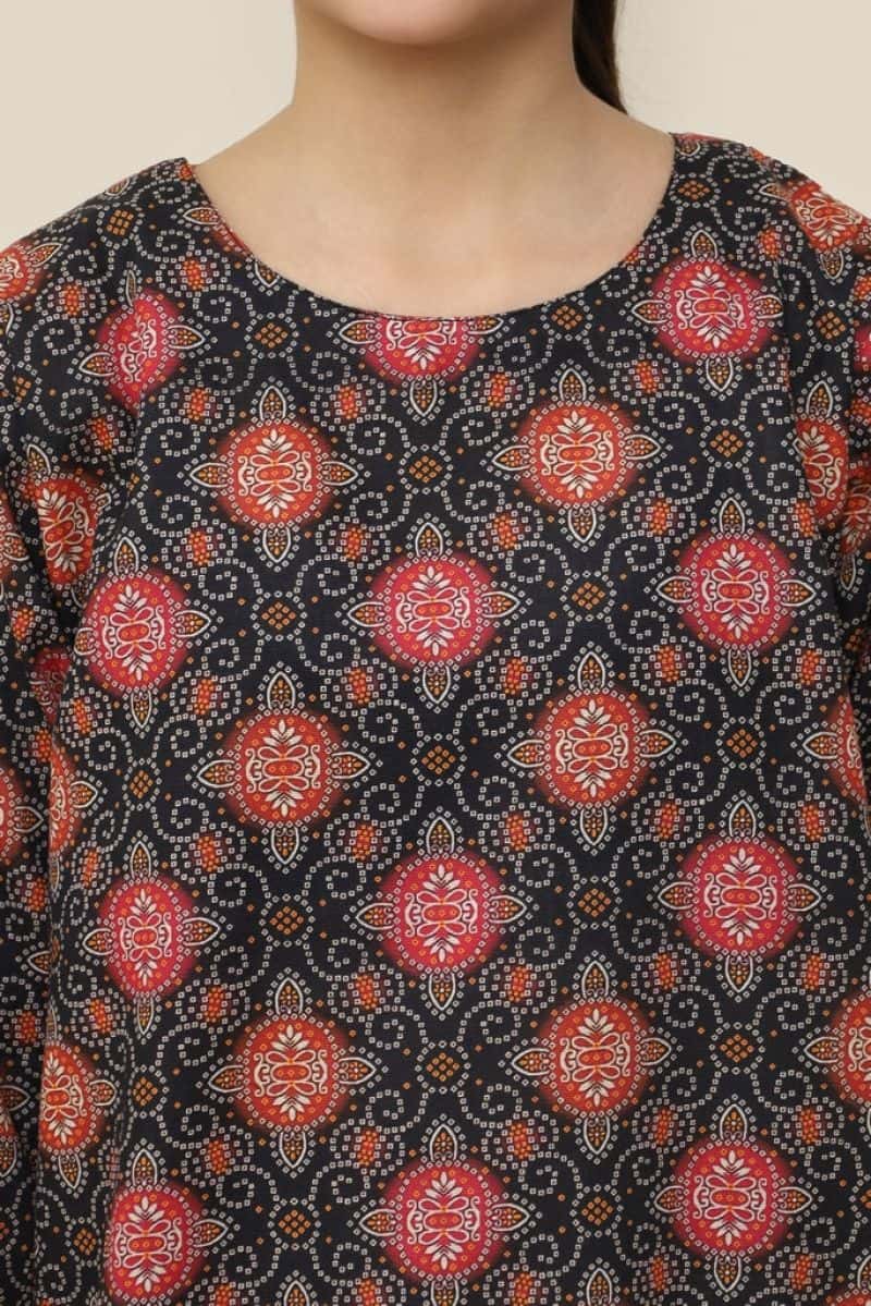 Plum Premium Khaddar Black Colour Printed Red Yellow White Patterns On 2 pc Stitched suit For Girls - alternate view