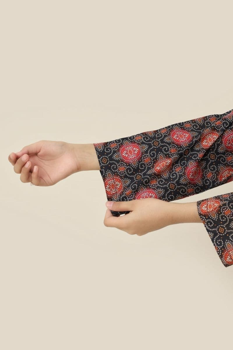 Plum Premium Khaddar Black Colour Printed Red Yellow White Patterns On 2 pc Stitched suit For Girls thumbnail