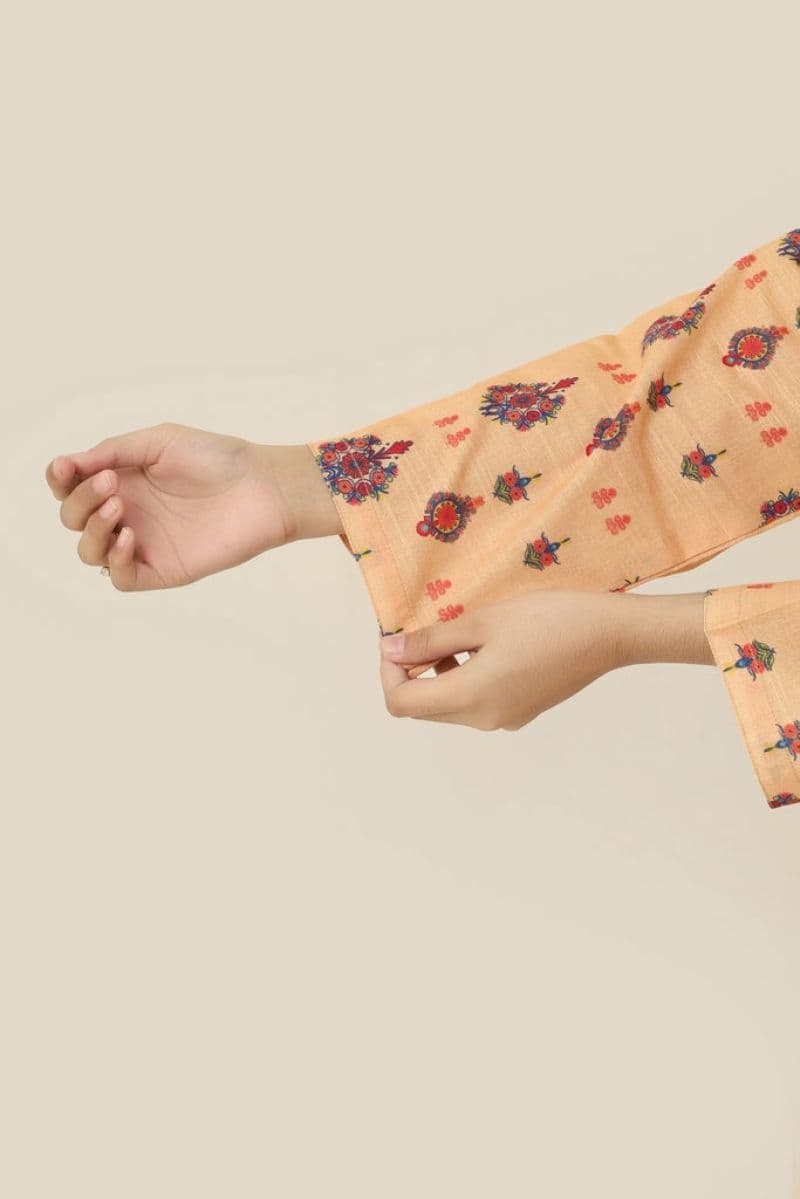 Plum Premium Khaddar Yellow Colour Printed Red Blue Yellow Patterns On 2 pc Stitched suit For Girls thumbnail