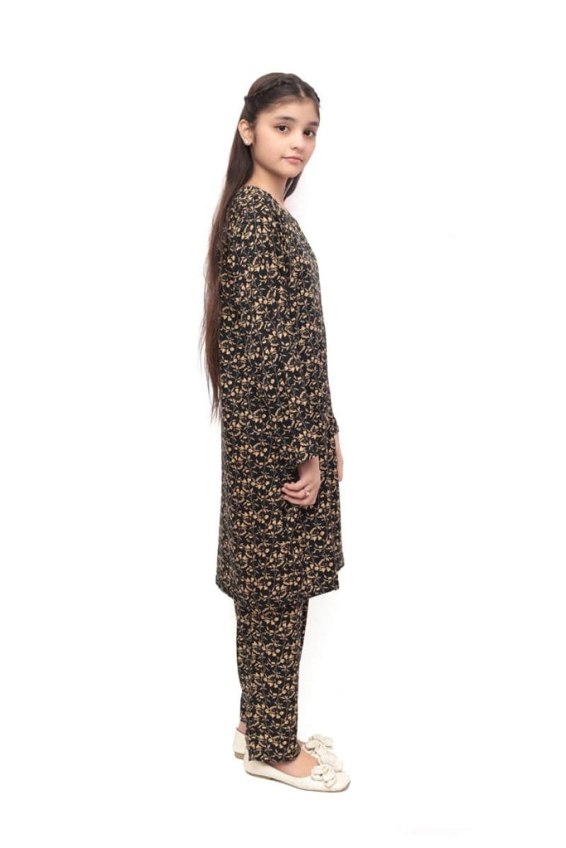 Plum Premium Marina Black Colour Printed Yellow Flowers On 2 pc Stitched suit For Girls thumbnail