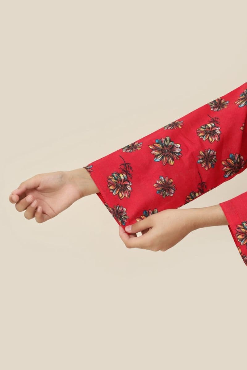 Plum Premium Khaddar Red Colour Printed Pink Blue White Flowers On 2 pc Stitched suit For Girls thumbnail