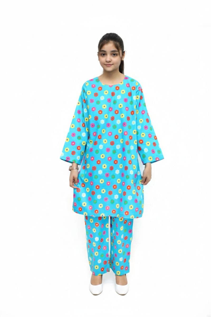 Plum Digital Lawn Sky Blue Colour Printed Red Yellow Pink Flowers on 2 Pc stitched suit for Girls. thumbnail