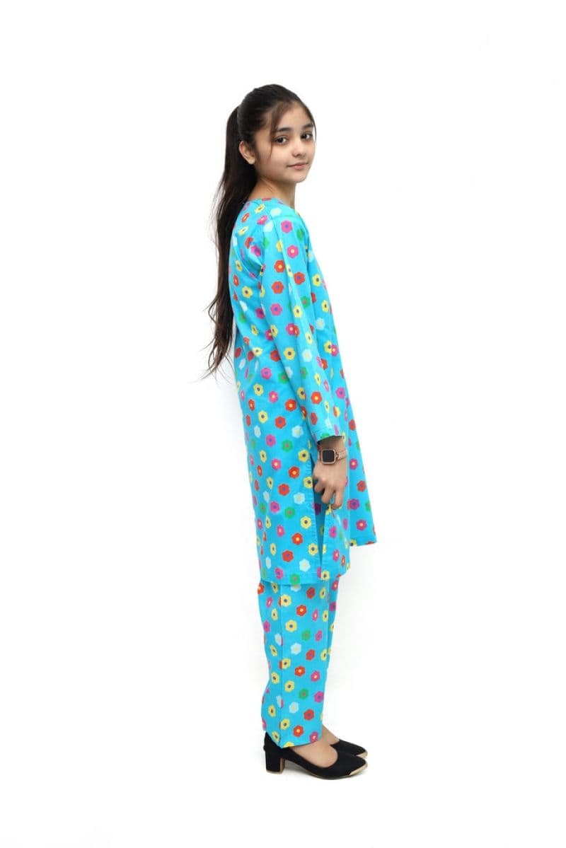 Plum Digital Lawn Sky Blue Colour Printed Red Yellow Pink Flowers on 2 Pc stitched suit for Girls. thumbnail