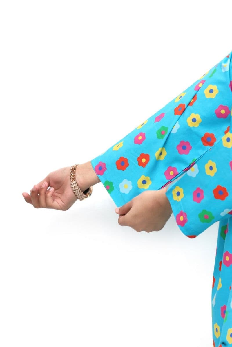 Plum Digital Lawn Sky Blue Colour Printed Red Yellow Pink Flowers on 2 Pc stitched suit for Girls. thumbnail
