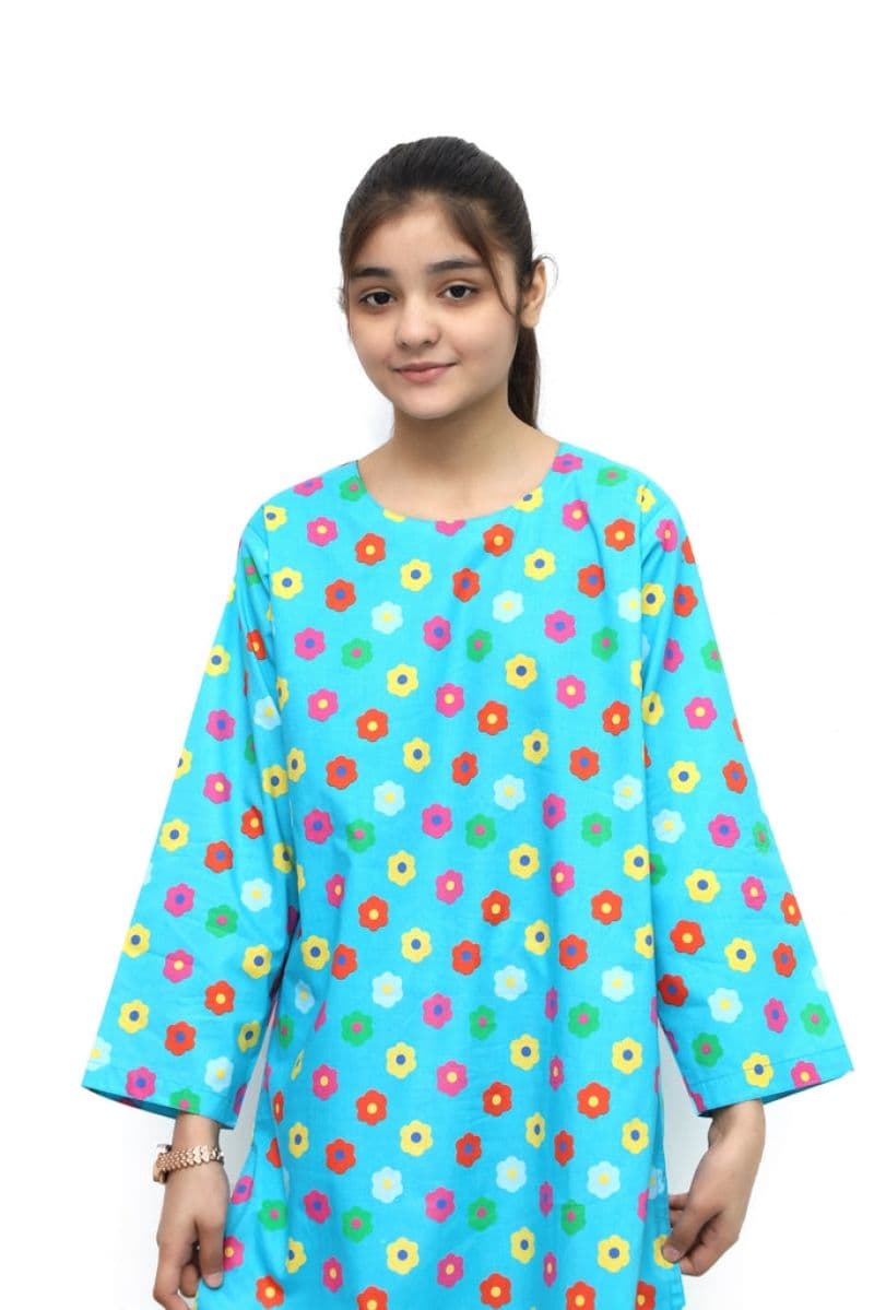 Plum Digital Lawn Sky Blue Colour Printed Red Yellow Pink Flowers on 2 Pc stitched suit for Girls. thumbnail