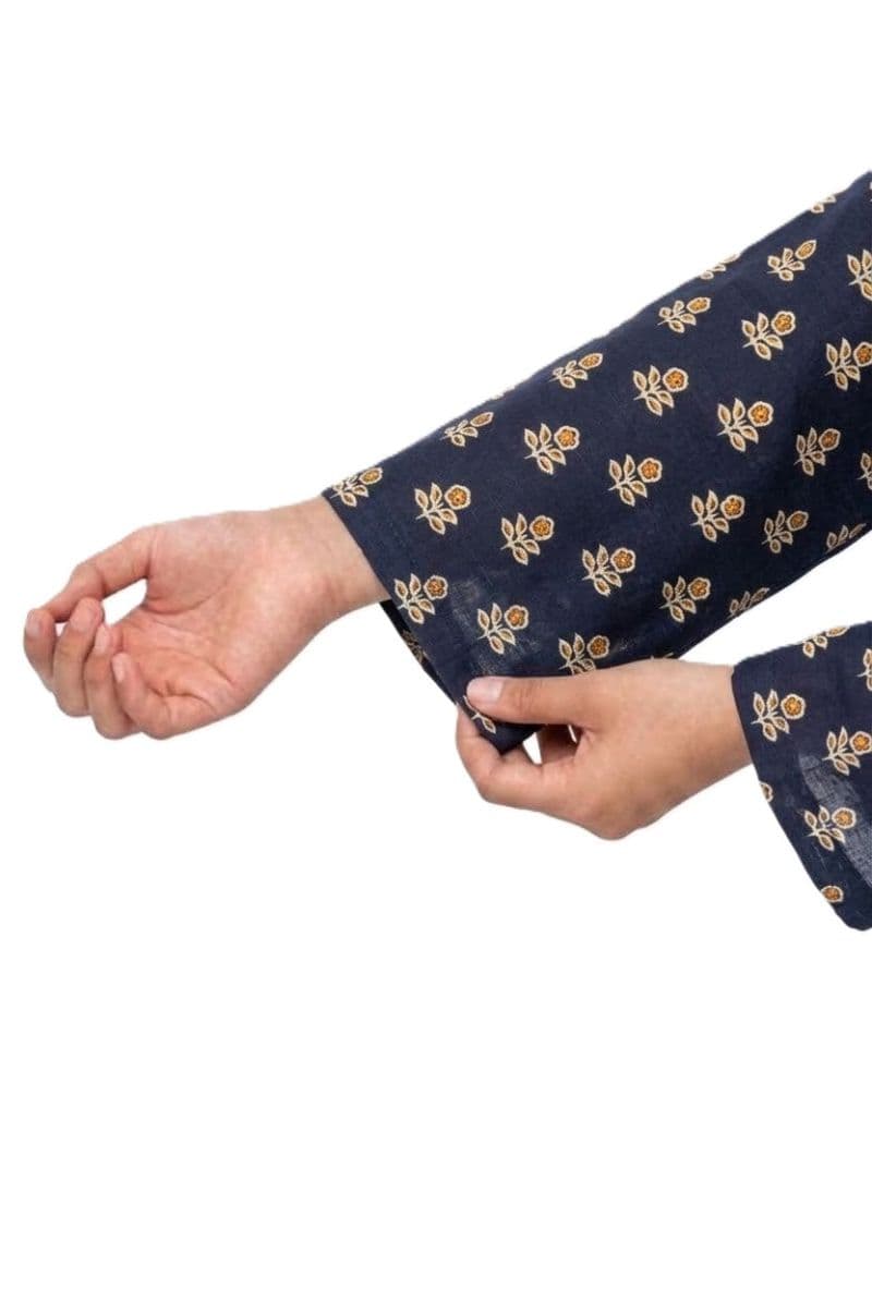 Plum Khaddar Navy Blue colour printed Mustard Yellow Flowers with Blue buttons on 2pc stitched suit for Girls thumbnail