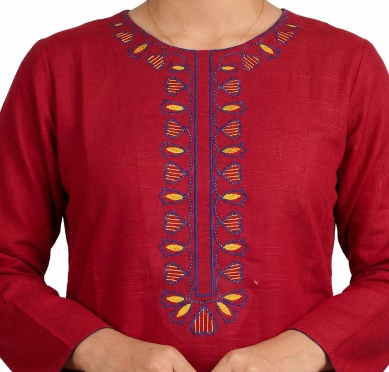 Plum Khaddar Light Maroon Colour embroidered with Mustard & Blue threads on 2pc stitched suit for Girls. thumbnail