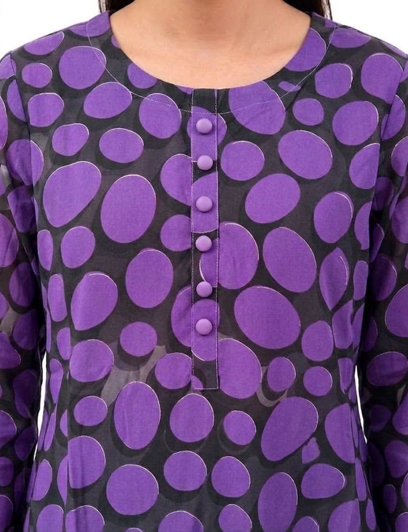 Plum Lilen (imported Fabric) Black colour printed Purple Patterns with Purple buttons on 2pc stitched suit for Girls. thumbnail