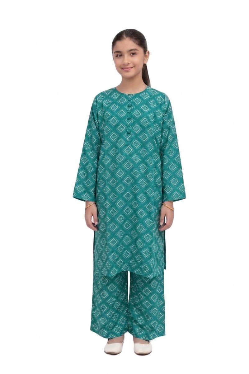 Plum Lilen (imported Fabric) Sea Green colour printed White Patterns with Sea Green buttons on 2pc stitched suit for Girls. thumbnail