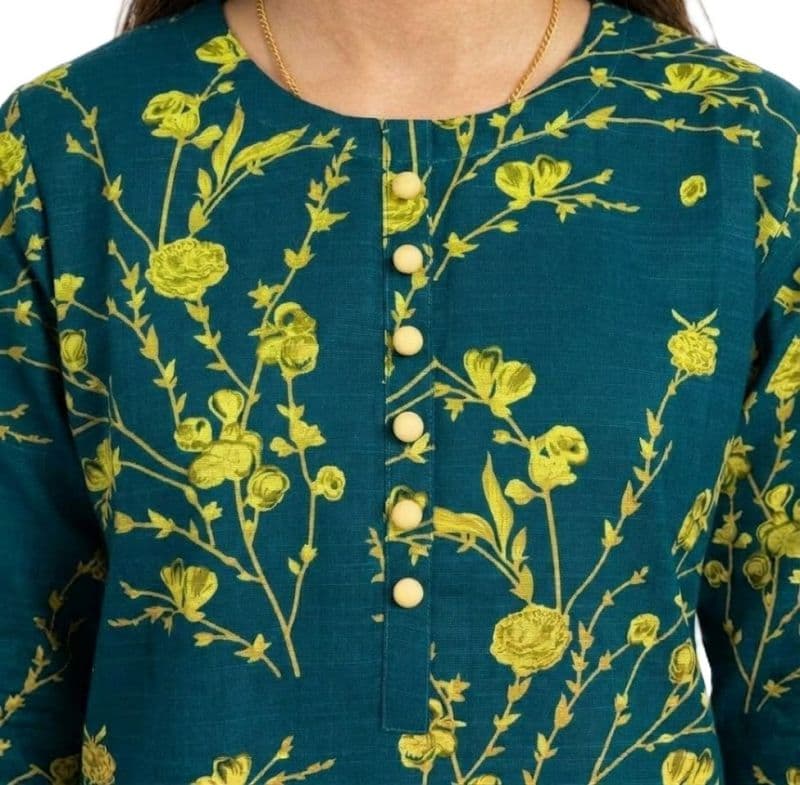 Plum Khaddar Teal colour printed Green Flowers with Yellow buttons on 2pc stitched suit for Girls thumbnail