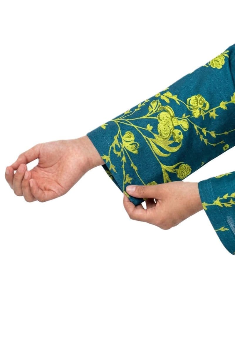 Plum Khaddar Teal colour printed Green Flowers with Yellow buttons on 2pc stitched suit for Girls thumbnail