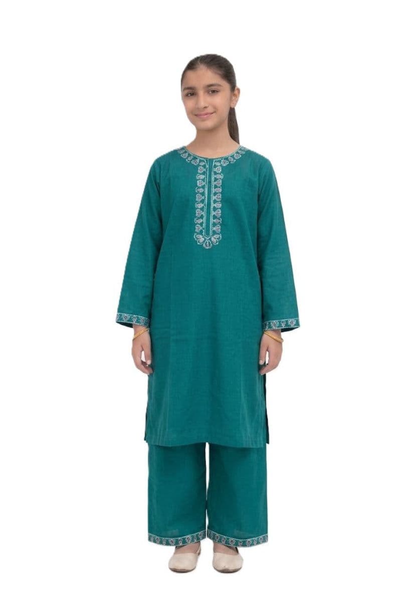 Plum Khaddar Teal Colour embroidered with Green & Pink threads on 2pc stitched suit for Girls. thumbnail