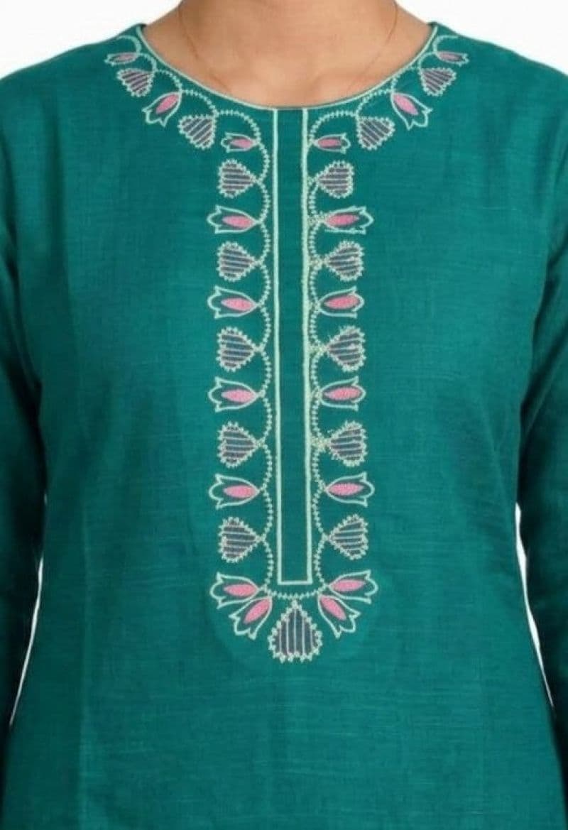 Plum Khaddar Teal Colour embroidered with Green & Pink threads on 2pc stitched suit for Girls. thumbnail
