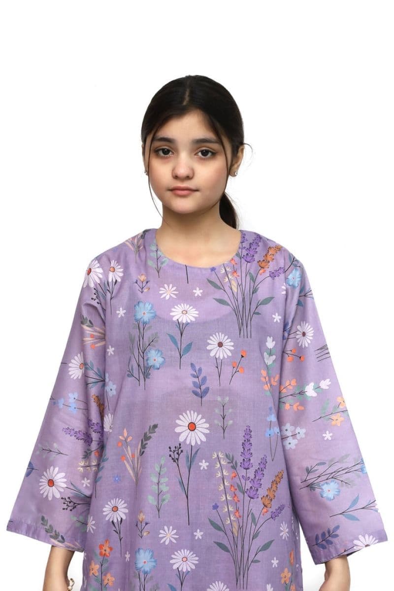 Plum Digital Lawn Lavender Colour Printed Colourful Flowers on 2 Pc stitched suit for Girls thumbnail
