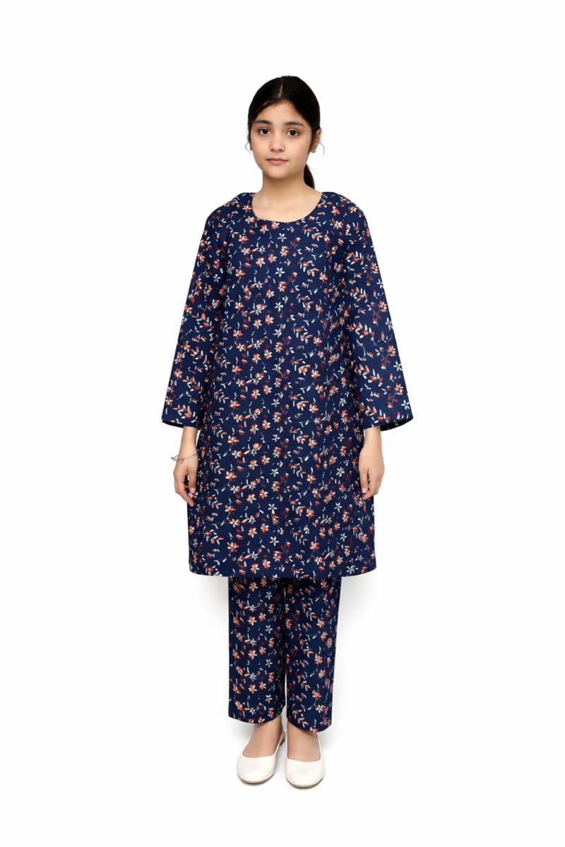 Plum Dhanak Dark Purple Colour embroidered with Light Purple threads on 2pc stitched suit for Girls. thumbnail