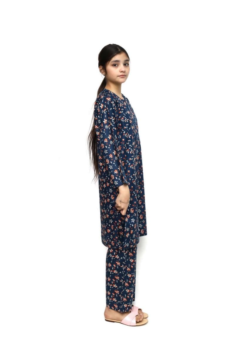 Plum Dhanak Dark Purple Colour embroidered with Light Purple threads on 2pc stitched suit for Girls. thumbnail