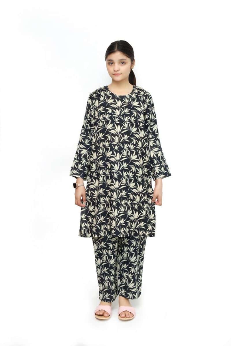 Plum Digital Lawn Black Colour Printed Beige Leaves on 2 Pc stitched suit for Girls.