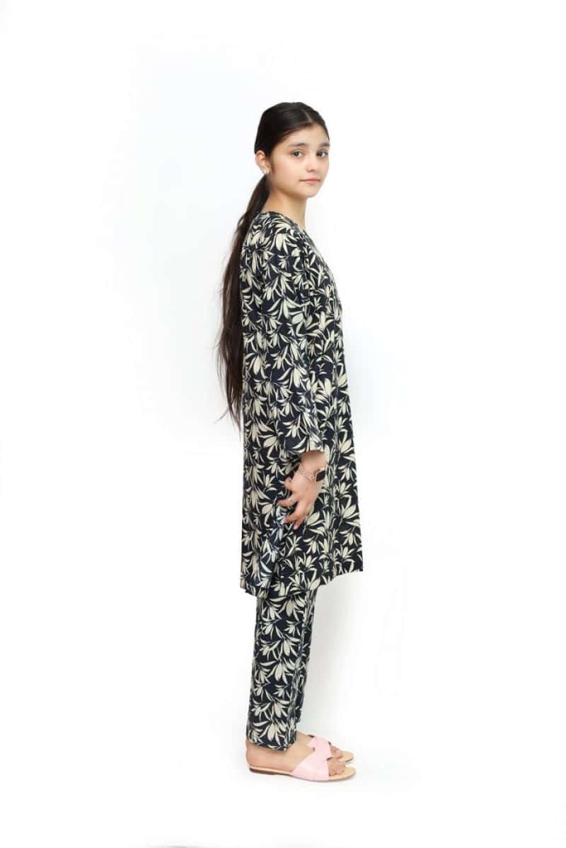 Plum Digital Lawn Black Colour Printed Beige Leaves on 2 Pc stitched suit for Girls. - alternate view