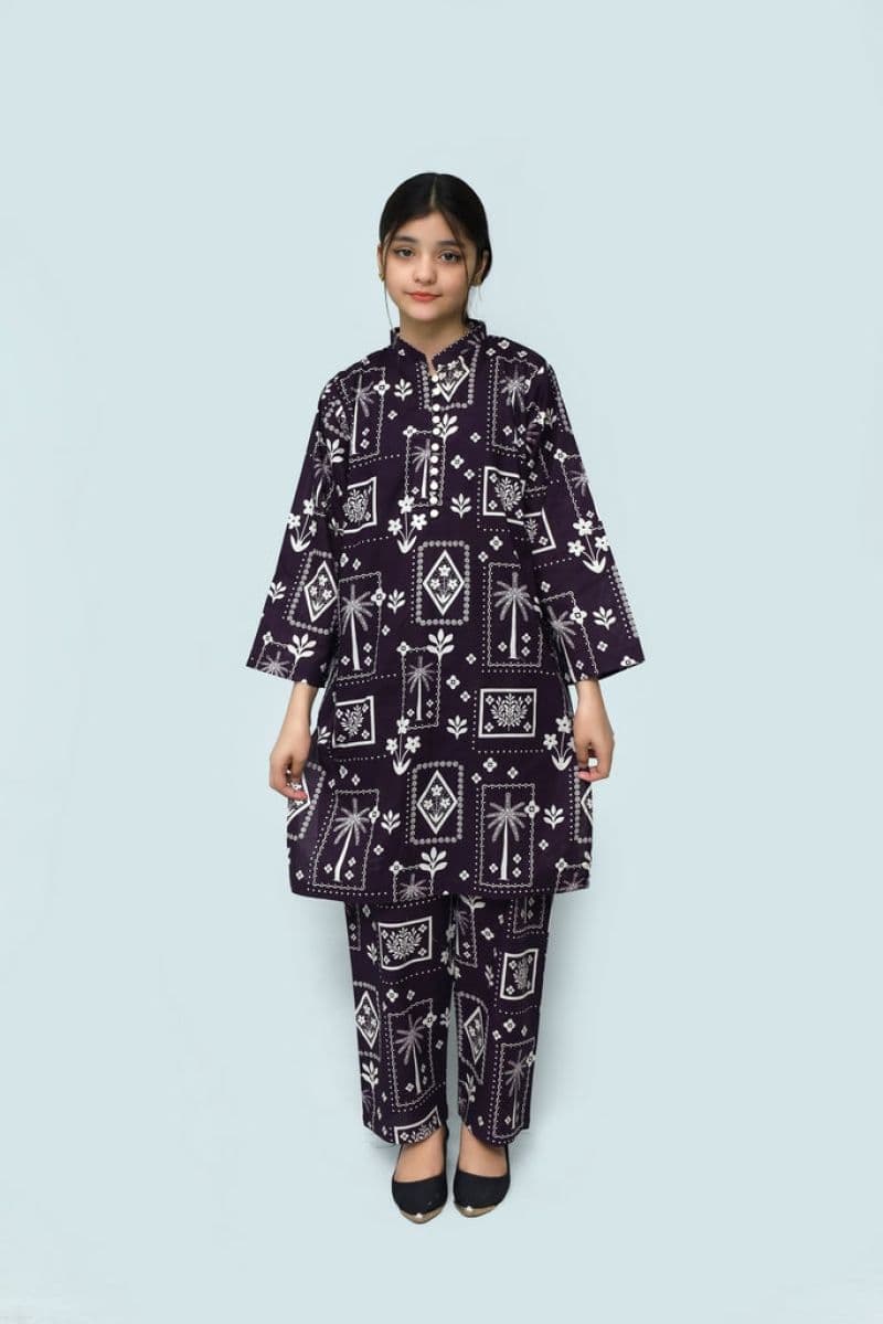 Plum Khaddar Teal Colour printed White & Mustsrd flowers embroidered with White threads on 2pc stitched suit for Girls thumbnail