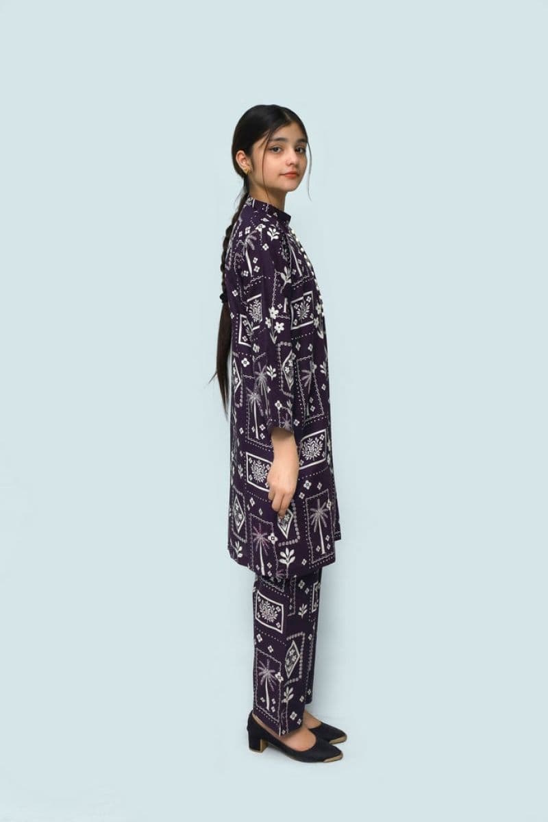 Plum Khaddar Teal Colour printed White & Mustsrd flowers embroidered with White threads on 2pc stitched suit for Girls thumbnail