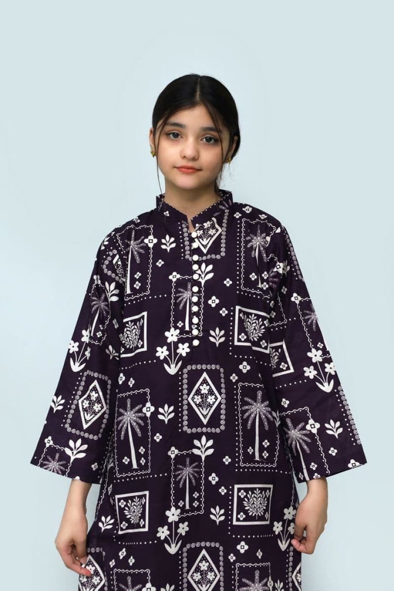 Plum Khaddar Teal Colour printed White & Mustsrd flowers embroidered with White threads on 2pc stitched suit for Girls thumbnail