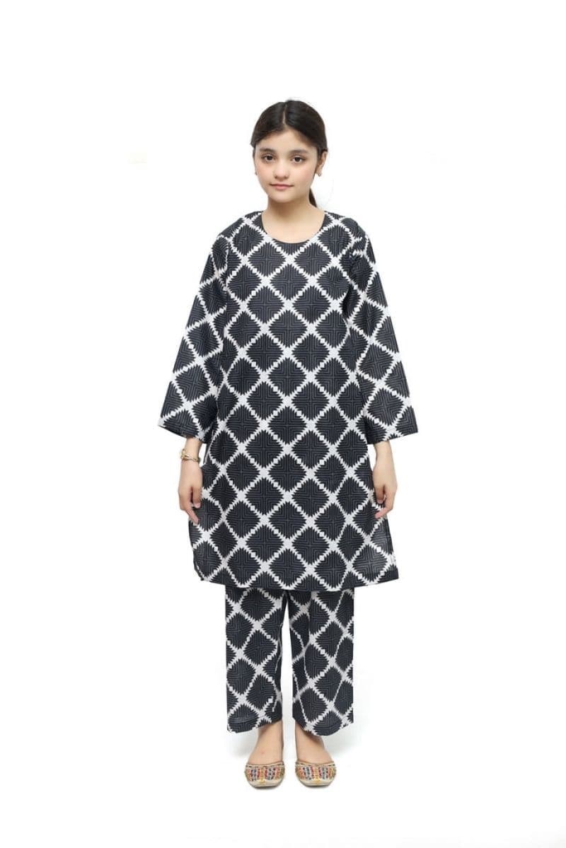 Plum Digital Lawn Black Colour Printed White Patterns On 2 Pc stitched suit for Girls thumbnail