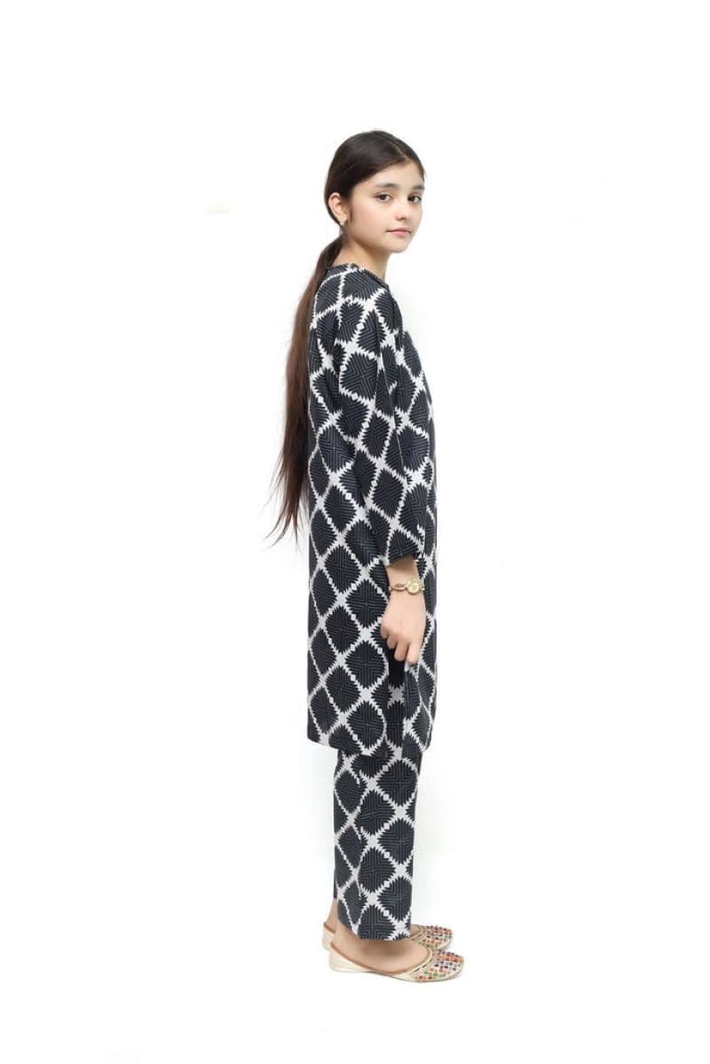 Plum Digital Lawn Black Colour Printed White Patterns On 2 Pc stitched suit for Girls thumbnail