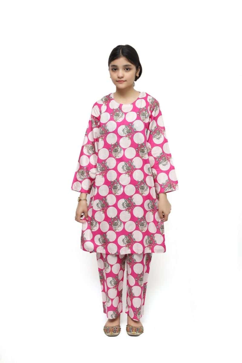Plum Digital Lawn Pink Colour Printed Beige Green Flowers On 2 Pc stitched suit for Girls.